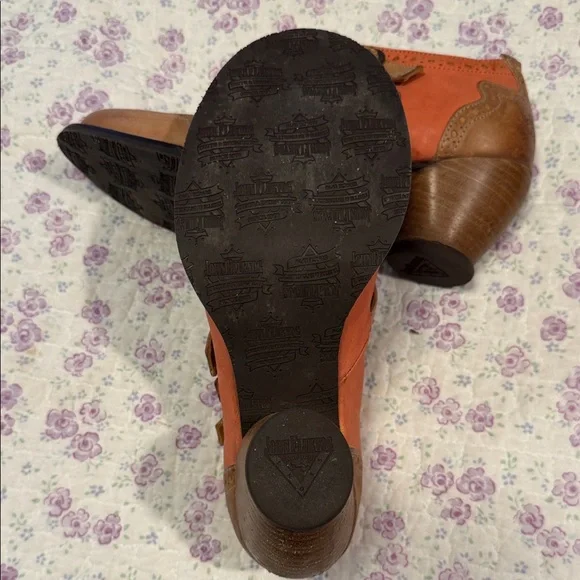 John Fluevog Coral and Tan Triple-Strap Mary Jane Shoes - Picture 6 of 8